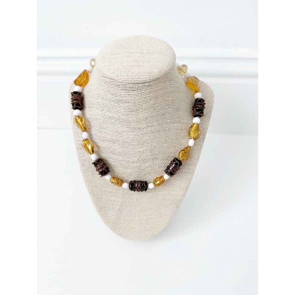 NWT Genuine Crystal & Glass Beaded Necklace Brown, Gold, White